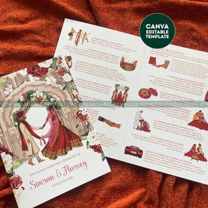 デジタル版インド式結婚式式次第、イラスト入りヒンドゥー教式典プログラム。Canvaでダウンロード可能。