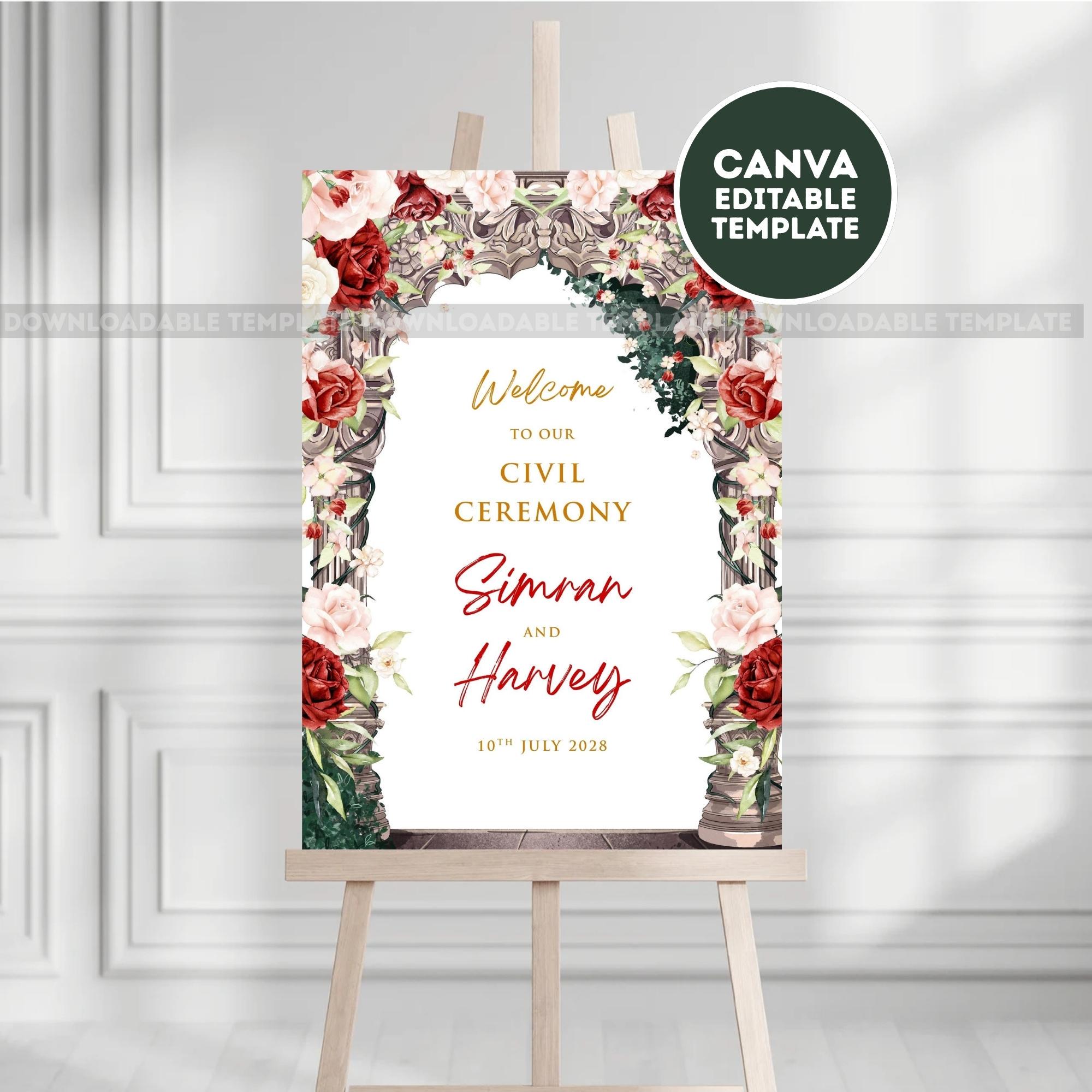 Red Roses Arch Printable Free Red Roses Arch Ceremony Sign – Printable Board Template – Customisable ...