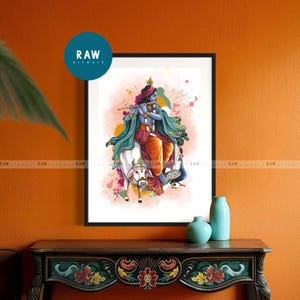 ベビークリシュナのカラフルなプリント：ヒンドゥー教の神のフルートのアートワーク