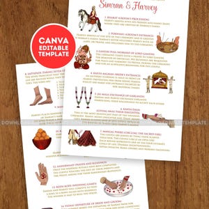 May include: A wedding ceremony program with the names "Simran & Harvey" in a decorative font. The program includes illustrations and descriptions of wedding rituals, such as the groom's procession, exchange of garlands, and circling the sacred fire.