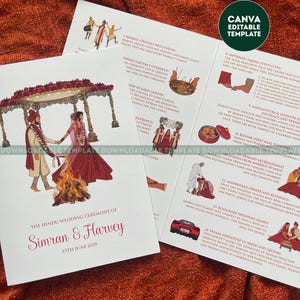 Programa digital de ceremonia de boda india, programa ilustrado para la ceremonia hindú. Descarga en Canva.