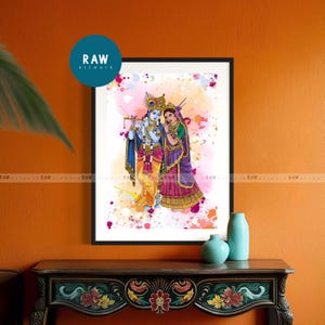 Impresión colorida de Radha Krishna: arte mural abstracto de dios hindú