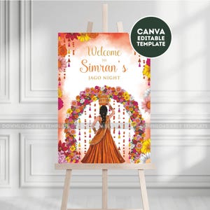 May include: A decorative sign on an easel with the text "Welcome to Simran's Jago Night". The sign features a woman in an orange dress carrying a basket on her head, surrounded by a floral archway. A Canva editable template is also visible.