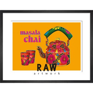 May include: A colorful illustration of a traditional Indian tea kettle, two teacups, and the text "masala chai RAW artwork" on a yellow background.