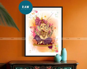 May include: A watercolor painting of a Hindu deity, Ganesha, with a pink and purple body, a golden crown, and a trunk. He is sitting on a golden throne with a colorful floral design. The background is a light orange with splashes of pink and blue.