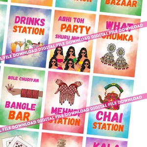 Op de afbeelding: Een verzameling kleurrijke digitale download prints met tekst in verschillende lettertypen. De prints bevatten zinnen als "Haldi Time", "Bindi Station" en "Mehndi Bazaar". Elke print heeft een unieke achtergrondkleur en designelementen.