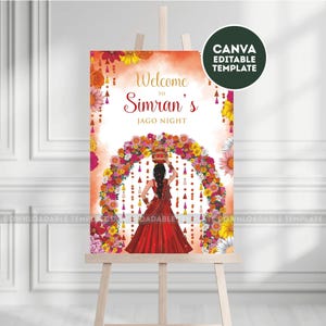 May include: A welcome sign on an easel with the text "Welcome to Simran's Jago Night." The sign features a woman in a red dress carrying a pot, surrounded by a floral arch. The sign also includes the text "CANVA EDITABLE TEMPLATE."