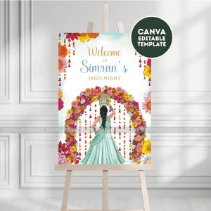May include: A welcome sign on an easel with the text "Welcome to Simran's Jago Night." The sign features a floral archway and an illustration of a person in a teal dress carrying a pot on their head. A Canva editable template is available.