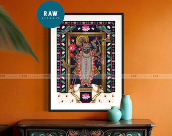 Colourful Hindu God Artwork Print | Shree Nath Ji Lotus Divine Radha-Krishna Decor