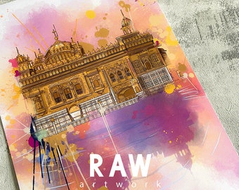 Golden Temple Colourful Art Print: Sikh Painting, Rainbow Wall Art, Diwali Gifting
