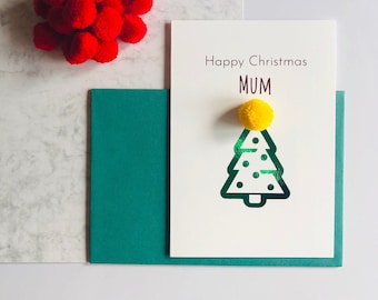 Mum Christmas Card. Mum Happy Christmas Pom Pom Card. Mum Christmas Card