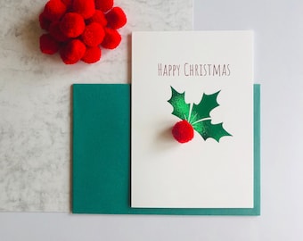 Christmas Card Pack, Single or Packs of Pom Pom Holly Charity Christmas Card, Christmas Card, Fun Christmas Card