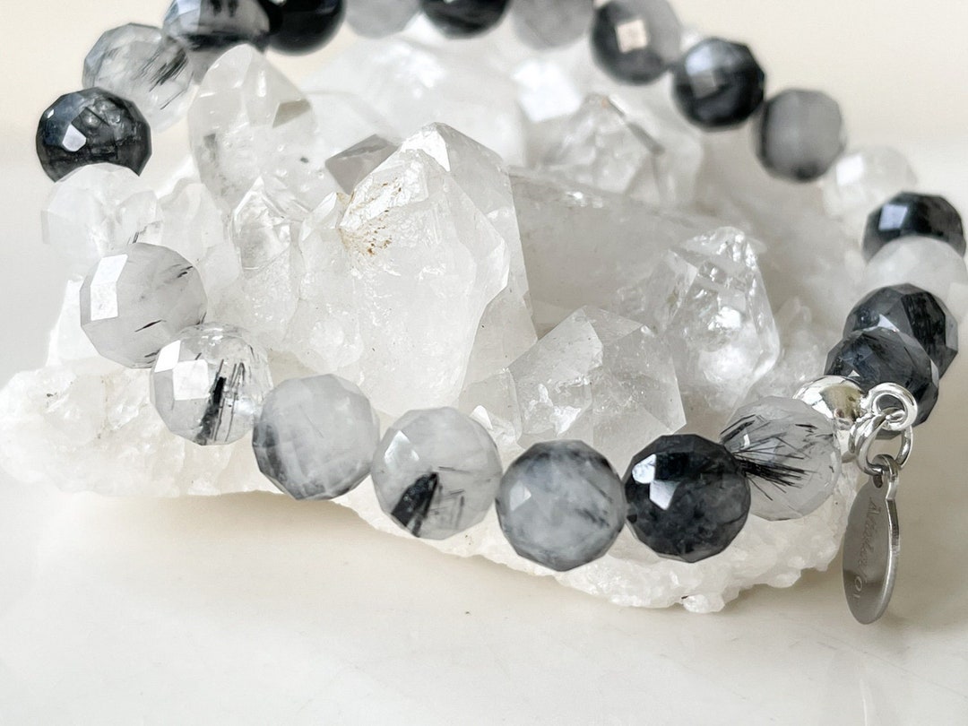 Black TOURMALINE QUARTZ Bracelet With 925 SILVER Rutilated Etsy