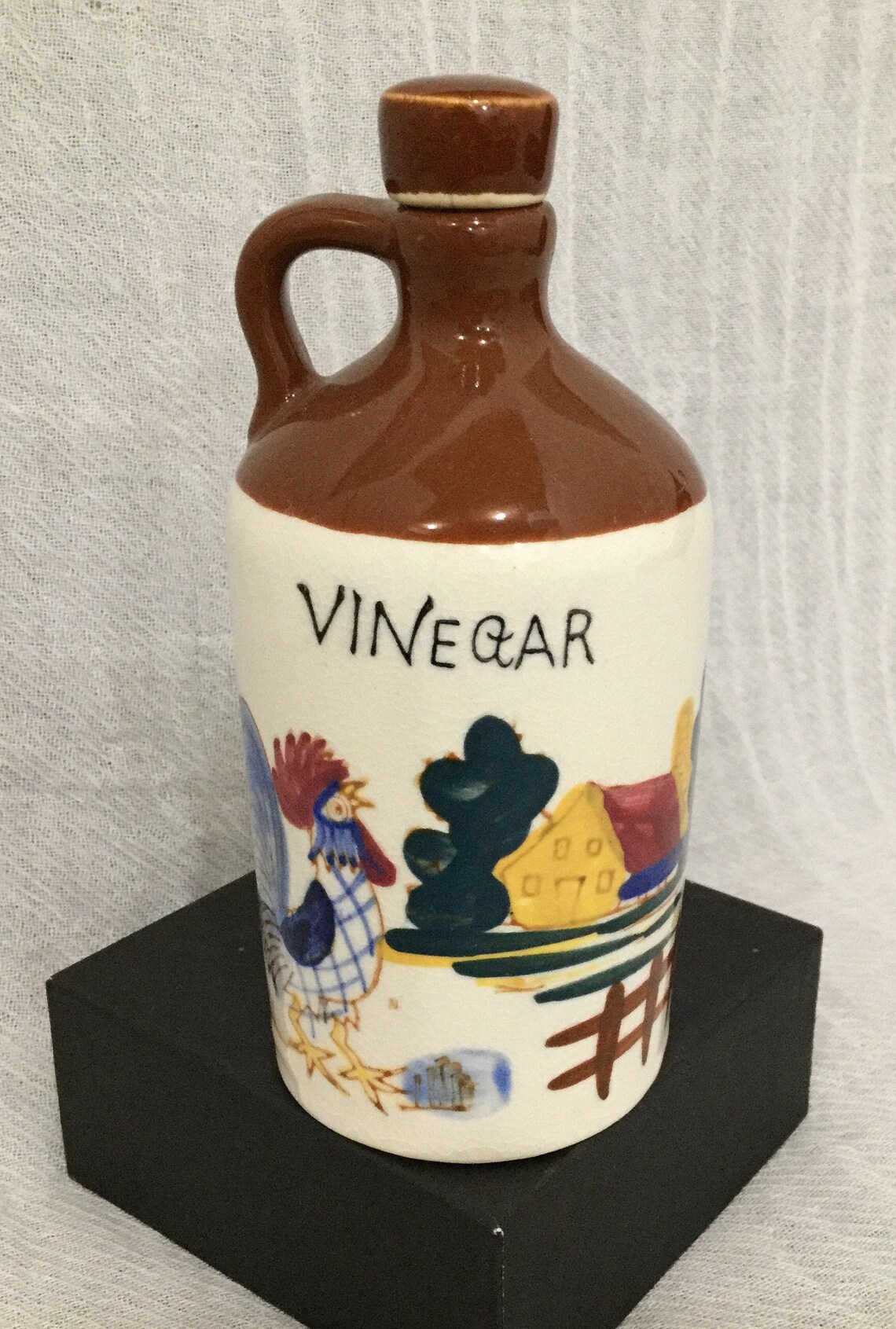 Vintage Stoneware folk art Vinegar jug with topper Etsy