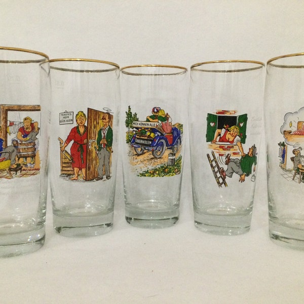 German pilsner glasses with colorful cartoons