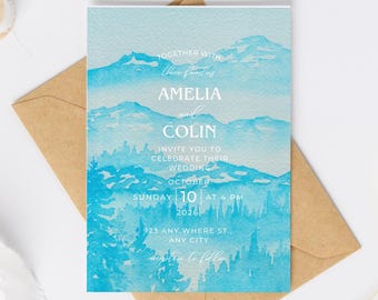 Plantilla de invitación de boda con temática de bosque de montaña azul / Invitación de boda en tonos azul bebé amaderado / Invitación editable de Canva / Boda rústica natural