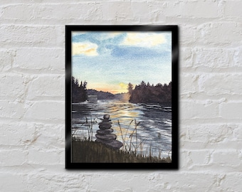 Adirondack Print - Sixth Lake Sunset - Tranquil Horizon - Adirondack Watercolor - Adirondack Mountains - Watercolor Painting