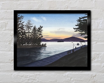 Adirondack Art Print - Watercolor Painting - Landscape Art - Fourth Lake Dock Inlet NY