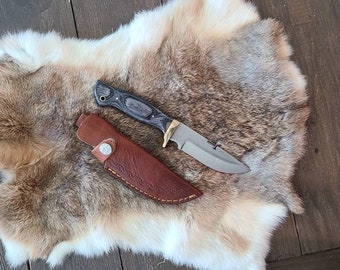 Carbon Steel Hunting Knife, Pakawood Handle, Leather Sheath