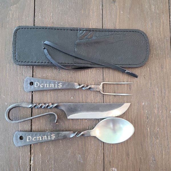 Medieval Cutlery Set, fork knife spoon with a leather carrying case all included, Great for Camping, Larp, and Ren Faire.