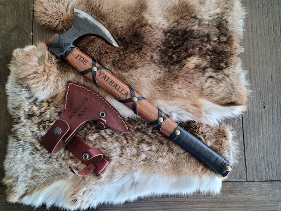 Engraved Viking Axe, Leather Wrapped Rosewood Handle, Carbon Steel