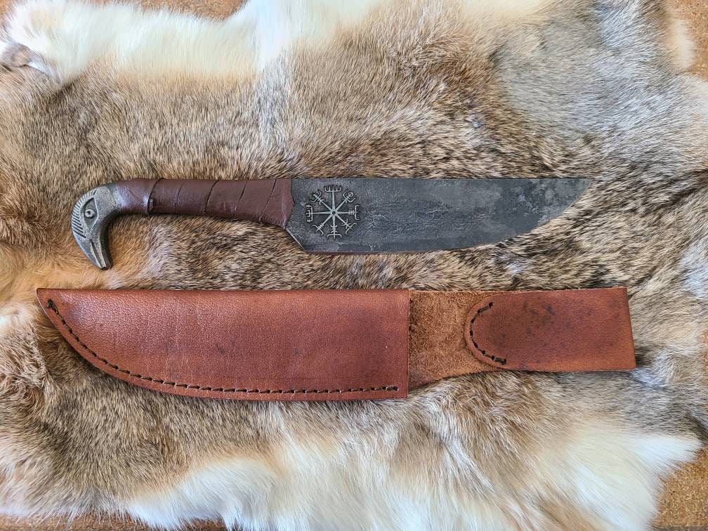 Viking Culture 2-Piece Viking Knife Set - 10.3 Raven-Head Viking Knife  with 6.5 Blade & Leather Sheath - 3 Celtic Pocket Knife with Necklace  Case - Sharp Hand-Forged Real Carbon Steel 