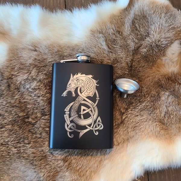 Viking Style Custom Engraved black powder coated Flask includes funnel, Viking Gifts for Him or Her, Groomsman, Best Man, Hip Flask