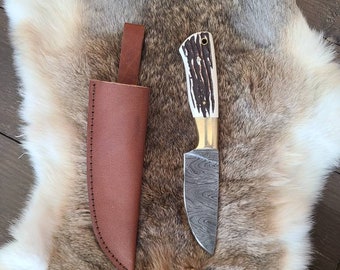 Damascus Hunting Knife, Epoxy Antler Handle, Custom Engraving