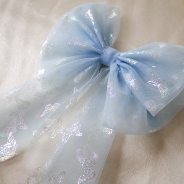 Barrette noeud large tulle papillons