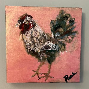 Rooster Painting: Original Acrylic Impressionist Art on Wood (6x6)