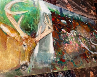 May include: A painting of a deer with large antlers, painted in a realistic style with a focus on the deer's head and antlers. The background is a blur of green and brown colors, suggesting a forest setting.