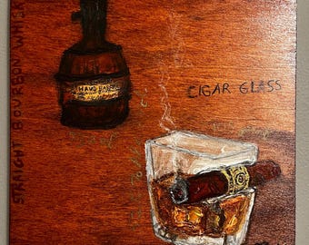 Original Bar ~Bourbon Whiskey~ Cigar Glass Florescent Acrylic Painting on Wood 10x10