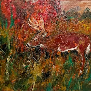 Original Deer Oil Painting: Abstract Autumn Landscape (18x24)