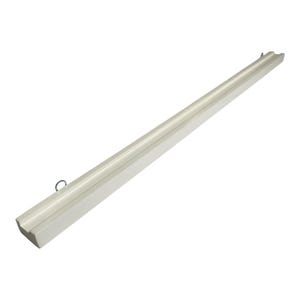 May include: A long, narrow, off-white wooden bar with a smooth finish and a recessed groove running along its entire length. A small, circular metal eyelet hook is attached to the top edge near one end of the rectangular wooden piece.