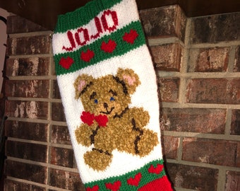 Personalized Christmas Bear Stocking Gold Metalic Timeless Family Stocking Made in Michigan Hand Knit and Embroidered Name Embellishment