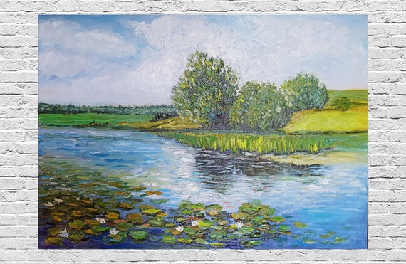 Abstract Lake landscape acrylic painting original Impasto painting Hand painted Small wall art 5x7