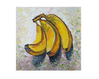 Bunch of Bananas Blue Background Fruit Still Live Bold Watercolour Gouache Print of Original Artwork A5A4 Sizes available