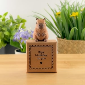 Puede incluir: Una pequeña figura de capibara marrón con textura se asienta sobre una caja de regalo cuadrada de cartón. La caja presenta un borde festoneado decorativo y el texto impreso "Capy birthday to you" con un pequeño corazón negro centrado.