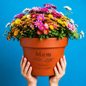 Può includere: Un vaso da fiori in terracotta riempito con una vibrante composizione di crisantemi rosa, gialli, arancioni e bianchi. Il vaso presenta il testo inciso "Mum" sopra un disegno a foglie e l'iscrizione "Love from Sarah and John".