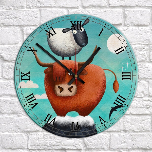 Ellie the Highland et Bouzy Boo Sheep - Highland Art Clock