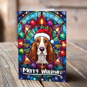 Carte de Noël Basset Hound dans un bonnet de Noel