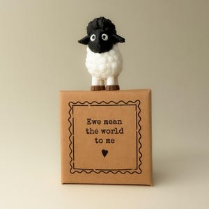 Op de afbeelding: Een grillig schapenbeeldje met een zwart gezicht en een wollig wit lichaam staat op een bruine geschenkdoos. De doos heeft een decoratieve rand en de tekst "Ewe mean the world to me" met een hartsymbool.