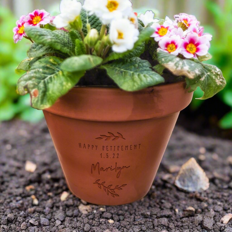 K&ouml;nnte beinhalten: Ein Terrakotta-Blumentopf mit wei&szlig;en und rosafarbenen Primeln. Der Topf ist mit einer Gravur versehen, die den Text "HAPPY RETIREMENT 1.5.22" und den Namen "Marilyn" zwischen zwei kleinen Blattzweig-Illustrationen zeigt.