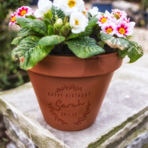 Op de afbeelding: Een terracotta bloempot met een gepersonaliseerd bericht dat "Happy Birthday Sarah 29.3.22" luidt in een decoratief lettertype. De pot is gevuld met roze en witte primula's.