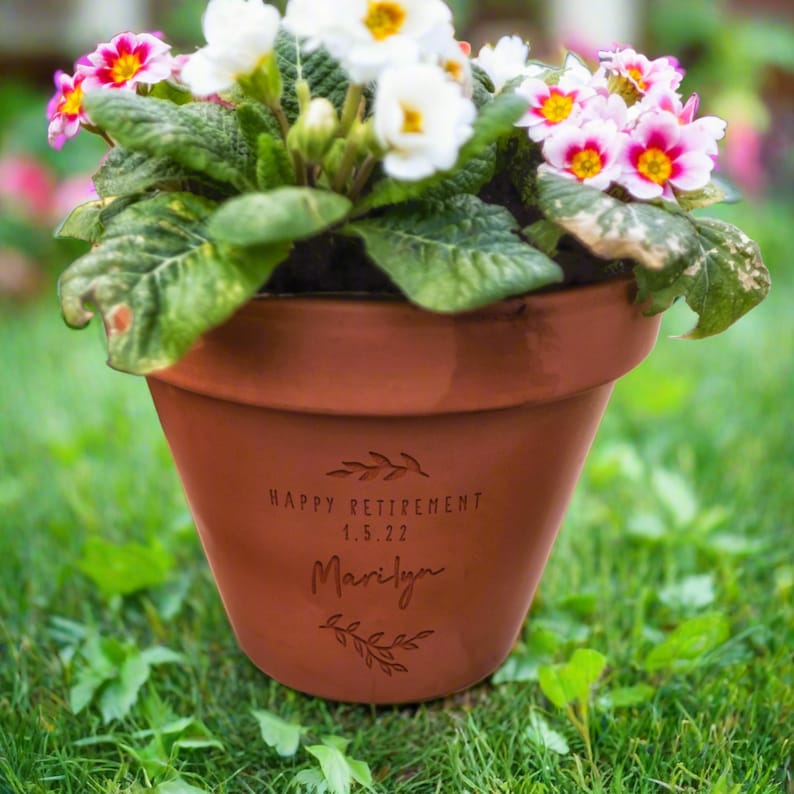 K&ouml;nnte beinhalten: Ein Terrakotta-Blumentopf mit wei&szlig;en und rosafarbenen Primeln. Der Topf ist mit einer Gravur versehen, die den Text "HAPPY RETIREMENT 1.5.22" und den Namen "Marilyn" zwischen zwei kleinen Blattzweig-Illustrationen zeigt.