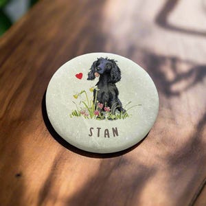 Può includere: Una pietra rotonda bianca con un'illustrazione di un cane Cocker Spaniel nero, circondato da fiori e un cuore rosso. Il nome "STAN" è scritto sotto il cane.