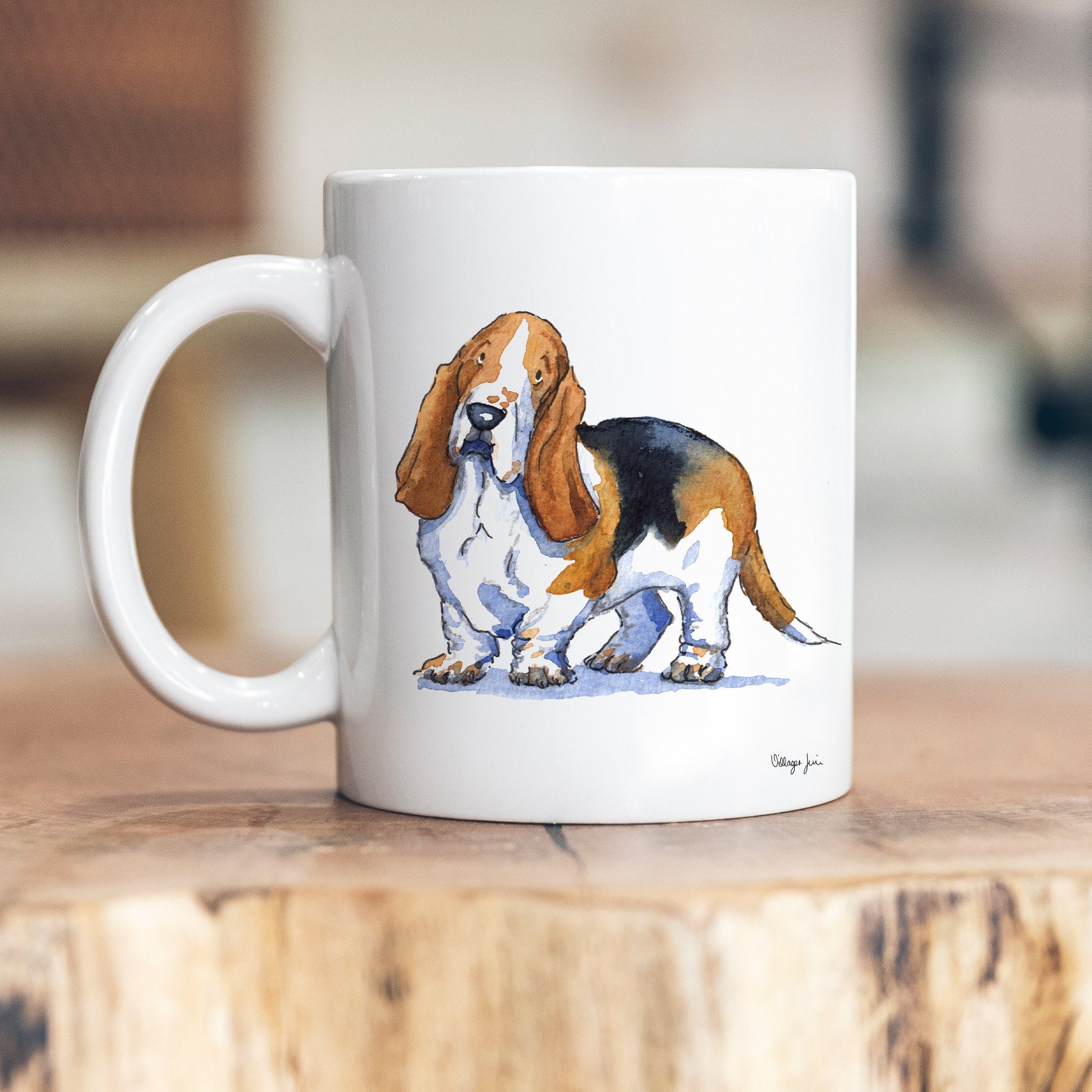 Tazza personalizzata con Basset Hound - Tazza in ceramica con ritratto di animale domestico personalizzato - 11 oz e 15 oz - Manico nero - Regalo per gli amanti dei cani