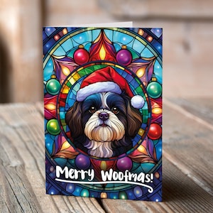 Carte de Noël Shih Tzu noir et blanc dans un bonnet de Noel