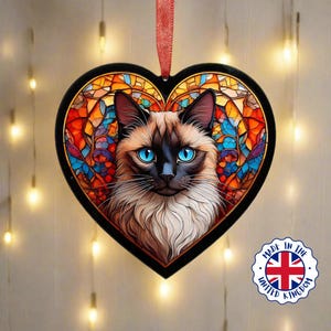 Siamese Cat Stained Glass Effect Heart Suncatcher