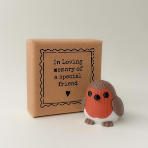 Puede incluir: Una figura de cerámica de petirrojo con pecho rojo y alas marrones junto a una caja de regalo marrón. La caja tiene una etiqueta enmarcada en negro con el texto "In Loving memory of a special friend" y un corazón.